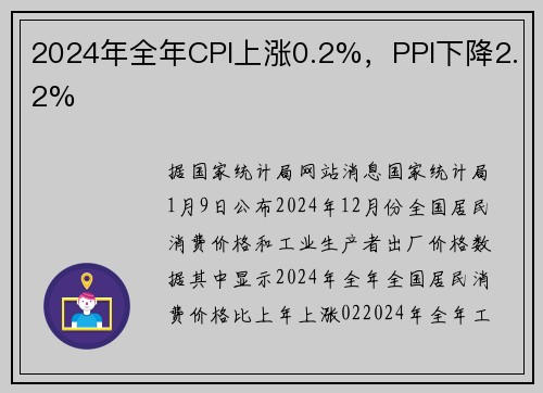 2024年全年CPI上涨0.2%，PPI下降2.2%