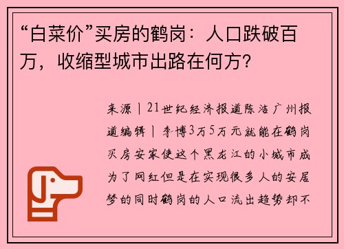 “白菜价”买房的鹤岗：人口跌破百万，收缩型城市出路在何方？
