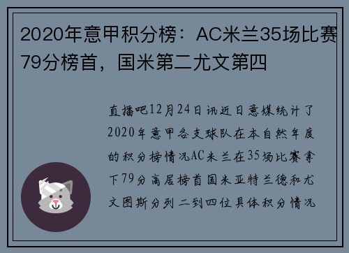 2020年意甲积分榜：AC米兰35场比赛79分榜首，国米第二尤文第四