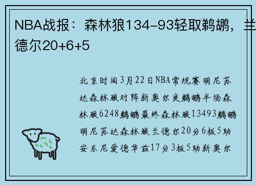 NBA战报：森林狼134-93轻取鹈鹕，兰德尔20+6+5