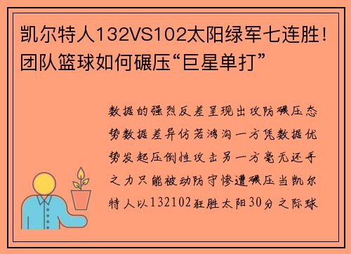 凯尔特人132VS102太阳绿军七连胜！团队篮球如何碾压“巨星单打”