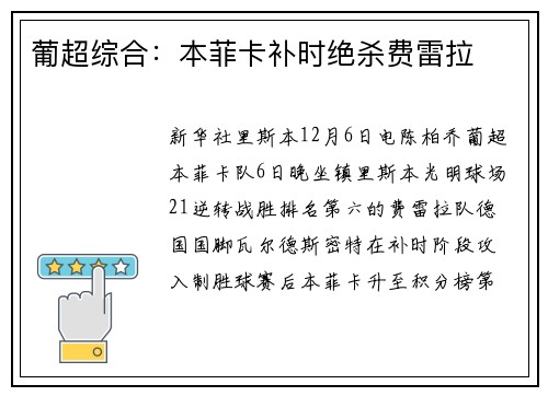 葡超综合：本菲卡补时绝杀费雷拉