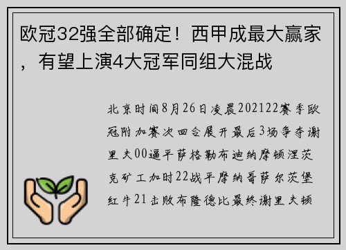 欧冠32强全部确定！西甲成最大赢家，有望上演4大冠军同组大混战