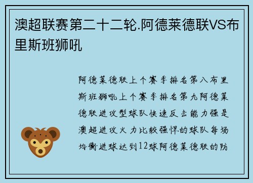 澳超联赛第二十二轮.阿德莱德联VS布里斯班狮吼