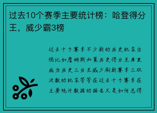 过去10个赛季主要统计榜：哈登得分王，威少霸3榜