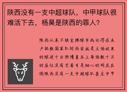 陕西没有一支中超球队，中甲球队很难活下去，杨昊是陕西的罪人？
